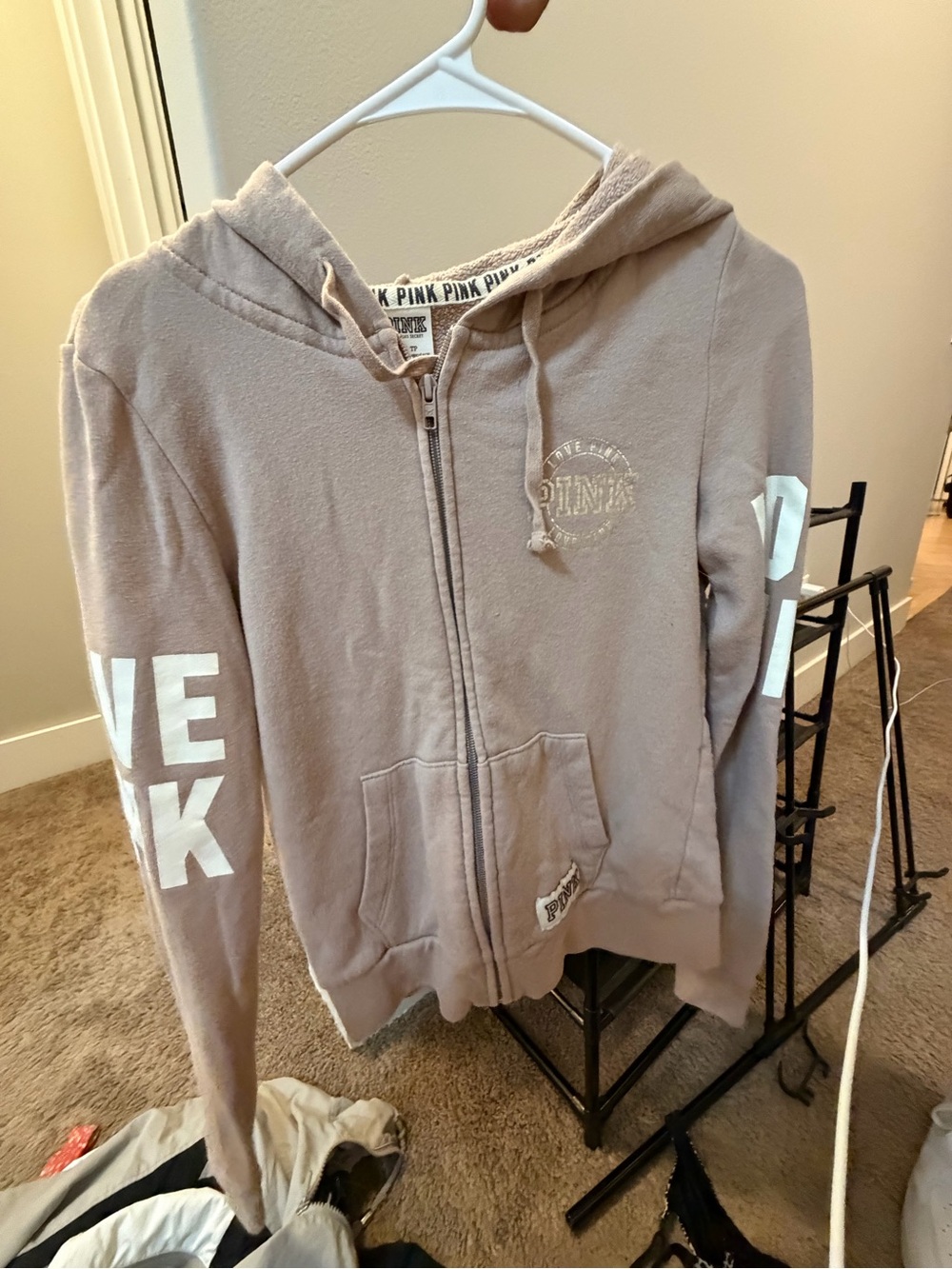 PINK Victoria's Secret Taupe Zip-Up Hoodie with White Sleeve Graphics